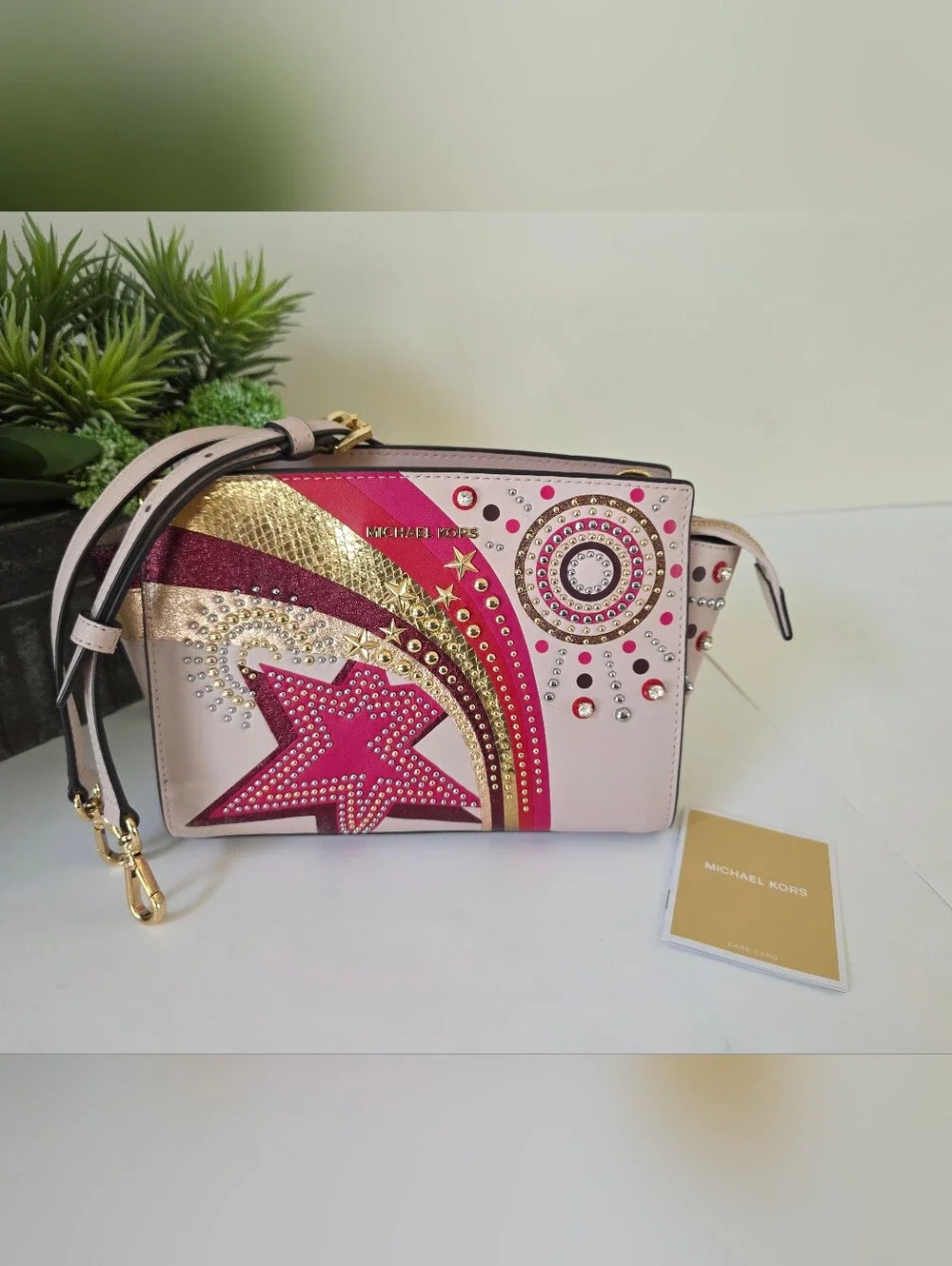 Michael Kors Selma Studded Firework Messenger Crossbody Bag Pink Multi